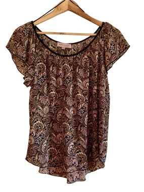 Philosophy Paisley Blouse Medium Boho Flowy Short Sleeve Top Brown Pink